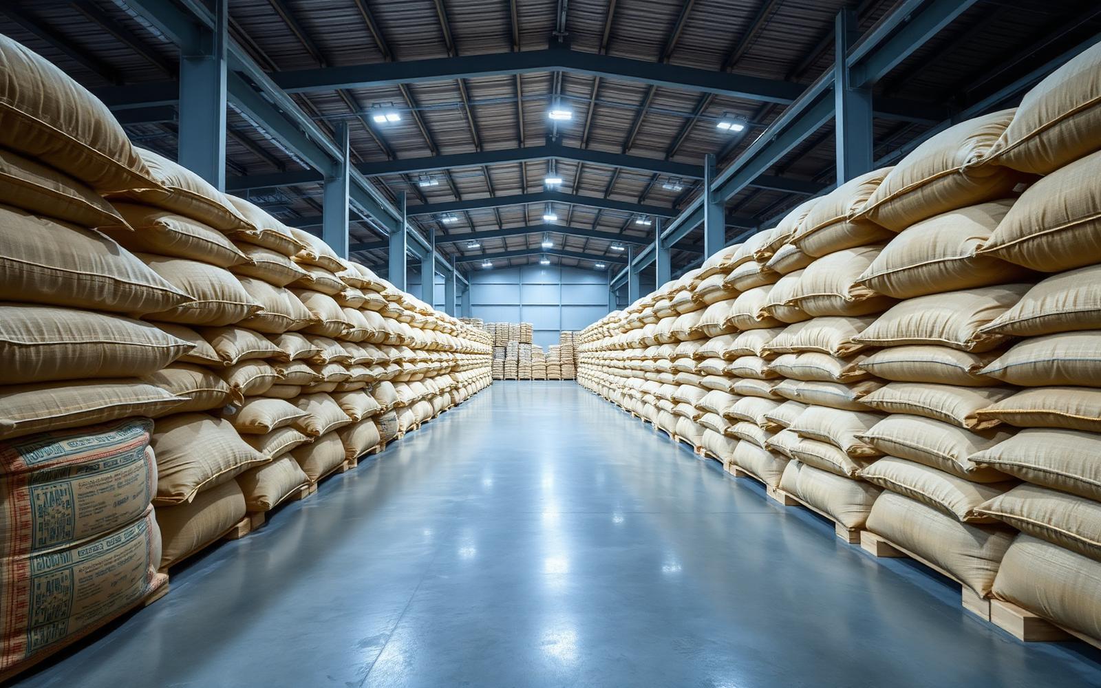 Export warehouse with stacked commodity sacks